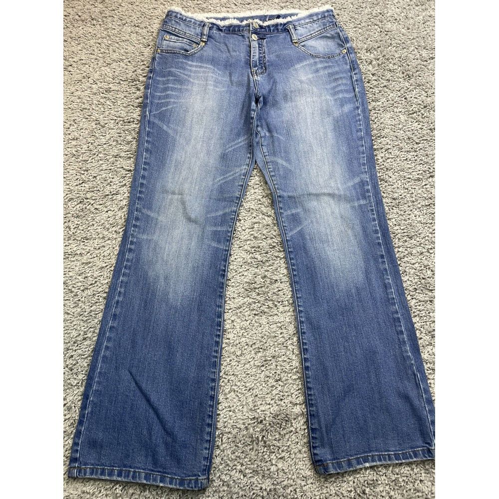 Baccini Women Denim Bootcut Med Wash High Frayed Waist 2 Button Blue Jeans Sz 10